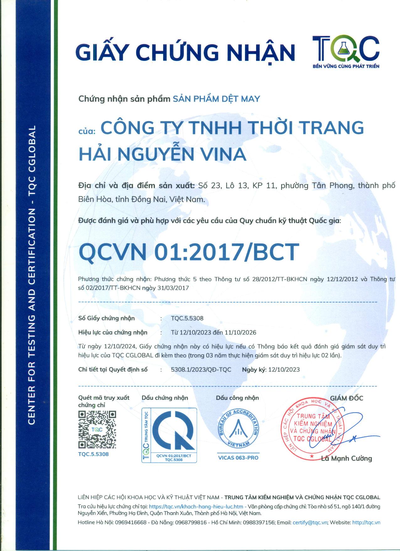 Chứng nhận đạt chuẩn Hợp Quy Dệt May