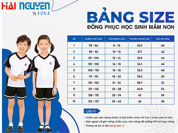 Bảng size đồng phục học sinh mầm non