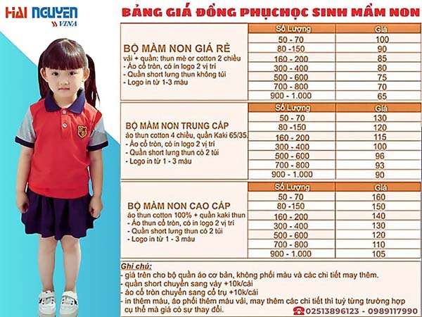 Bảng giá may đồng phục mầm non học sinh tại Hải Nguyễn Vina