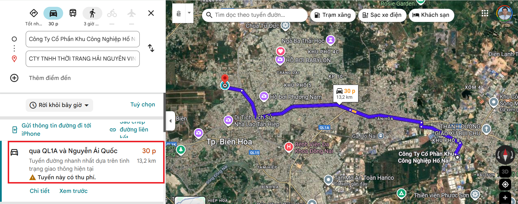 Khoảng cách từ đồng phục Hải Nguyễn Vina đến KCN Hố Nai