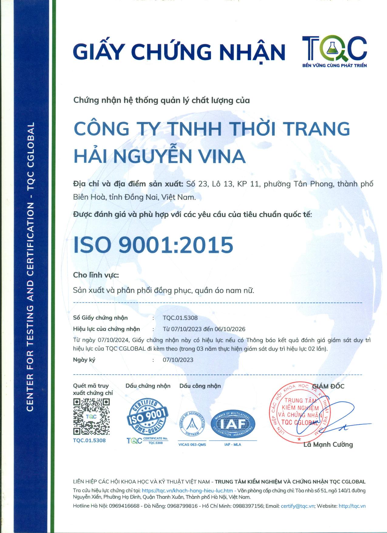 Chứng nhận đạt tiêu chuẩn ISO 9001